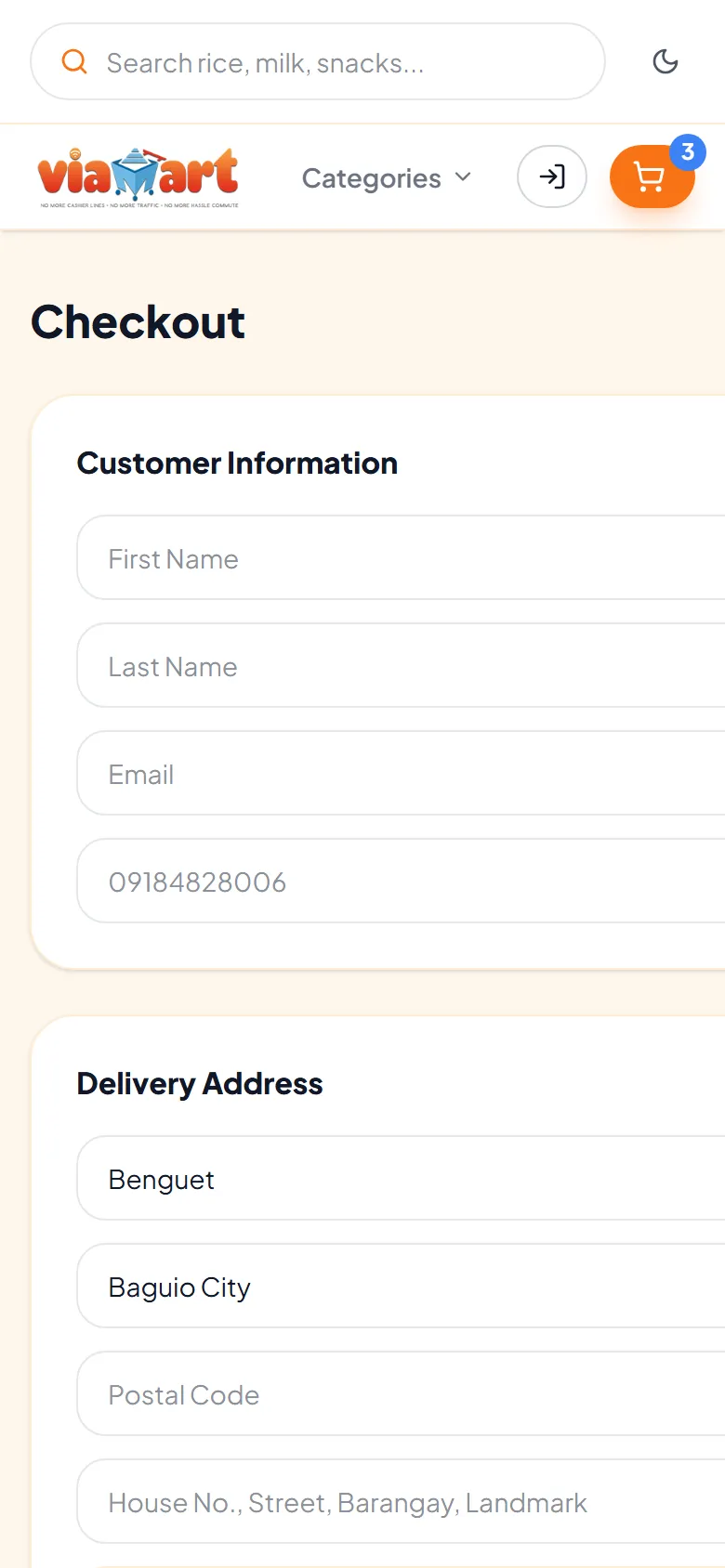 Checkout on a phone, with the customer information form stacked in a single column.